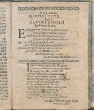 In Epigrammata Martini Opitii, Operâ Martini Nesselii Latinitate donata.