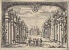 Bühnenbild zur Oper "La Caduta del Regno dell’Amazzoni" (erster Akt, Szene 11: Herkules mit sarmatischen Soldaten und dem als Frau verkleideten Turpino), aus der 1690 in Rom publizierten Edition des Librettos