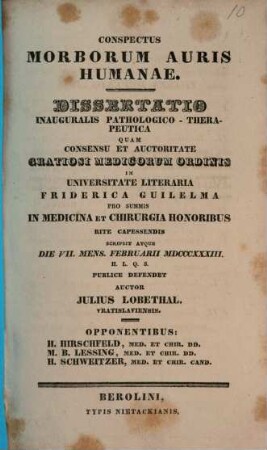 Conspectus morborum auris humanae : Diss. inaug. path. therap.