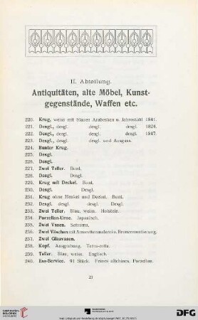 Antiquitäten. Alte Möbel, Kunstgegenstände, Waffen (Nr. 220-661)