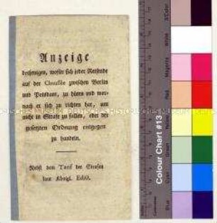 Reisevorschriften für die Chaussee zwischen Berlin und Potsdam
