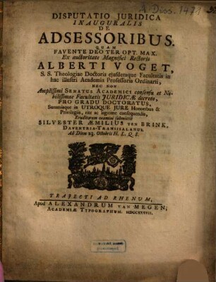 Disputatio Iuridica Inauguralis De Adsessoribus