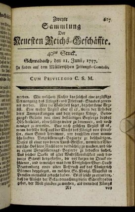 40tes Stuck. Schwabach, den 11. May, 1757.
