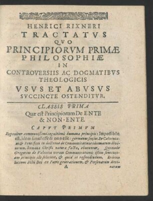 Classis Prima Quae est Principiorum De Ente & Non-Ente.