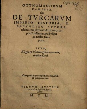 Otthomanorum Familia, seu De Turcarum Imperio Historia
