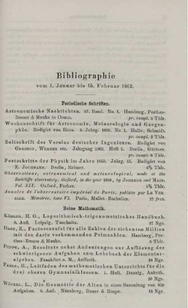 Bibliographie vom 1. Januar bis 15. Februar 1862.