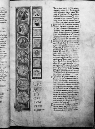 Ms. 1, Goderannus-Bibel, fol. 6, Genesis mit Initiale I, die Schöpfungsgeschichte in sieben Medaillons