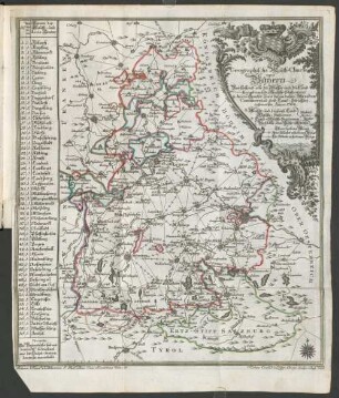 Geographische Mauth-Charte von Baeÿern : Vorstellend: alle zu Wasser und zu Land hergebrachte Mauth-Stationen u. Accis-Aemter, samt denen dahin-fuehrenden Commercial- und Land-Strassen ; entworfen Anno 1764