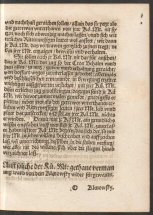 Auf soliche der Kü. Mt: gethane vermanung ward von dem Klenowsky wider fürgewandt.