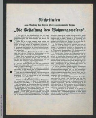 Richtlinien zum Vortrag des Herrn Oberregierungsrats Hoppe - Die Gestaltung des Wohnungswesens - 2. Kommunalpolitische Tagung 1927 in Eisenach