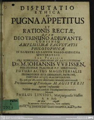 Disputatio ethica de Pugna Appetitus et Rationis Rectae ...