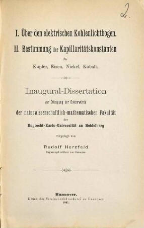 Über den elektrischen Kohlenlichtbogen : Bestimmung d. Kapillaritätskonstanten für Kupfer, Eisen, Nickel, Kobalt