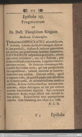 Epistolae 151. Fragmentum ad Dn. Doct. Theophilum Ringium Medicum Gedanensem