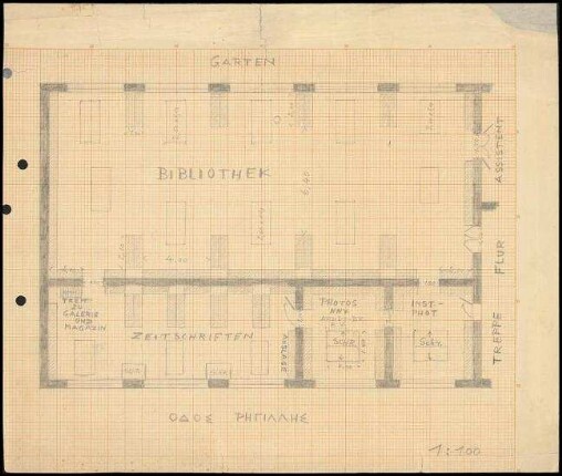 Handzeichnung. Grundriss Bibliothek