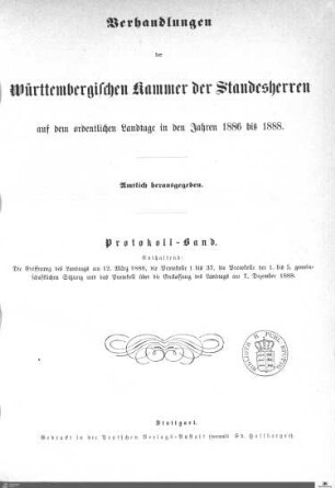 2,19: Landtag Württemberg - Kammer 1, Protokolle 1886-1888