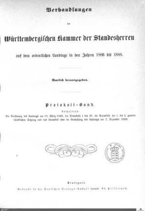 2,19: Landtag Württemberg - Kammer 1, Protokolle 1886-1888