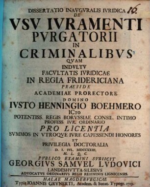 Diss. inaug. iur. de usu iuramenti purgatorii in criminalibus