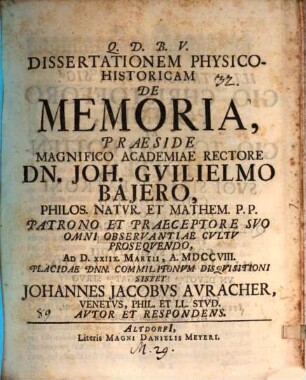 Dissertationem physico-historicam de memoria