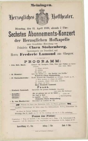 Theaterzettel für das Sechste Abonnements-Konzert der Herzoglichen Hofkapelle in der Spielzeit 1892/93 des Herzoglichen Hoftheaters in Meiningen.