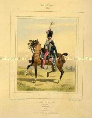 Uniformdarstellung, Offizier des Husaren-Regiments der Königlichen Garde, Königreich Frankreich, 1815/1830. Tafel Nr. 75 aus: Galerie Militaire.