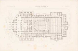 Neues Theater (Oper), Frankfurt/Main: Grundriss EG (aus: Atlas zur Zeitschrift für Bauwesen, hrsg. v. L.v.Tiedemann, Jg. 33, 1883)