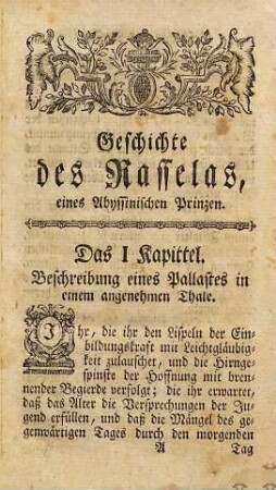 Der Prinz von Abyssinien : eine Geschichte in zwey Theilen ; nach der dritten Auflage aus dem Englischen übersetzt. 1