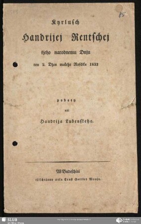 Kyrlusch Handrijej Rentschej kjeho narodnemu Dnju ton 2. Dżen małeho Roschka 1833