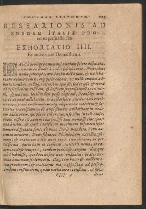 Bessarionis Ad Eosdem Italiae Proceres persuasio, seu Exhortatio IIII.