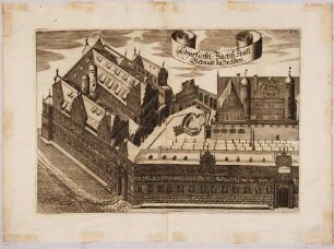 Dresden, der Stallhof mit Stallgebäude (später Johanneum), Langem Gang und Fürstenzug aus der Vogelperspektive, aus: Weck’sche Chronik, Nr. 15, p. 61