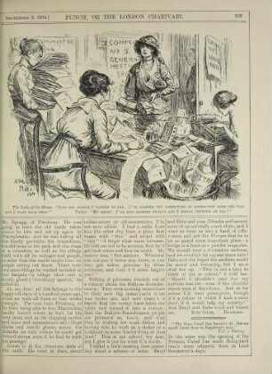 The lady of the house: "Just the Person I wanted to see. I've started ten committees in connection with the war and I want your help." Visitor: "My dear! I've just started twelfe and I simply counted on you!"