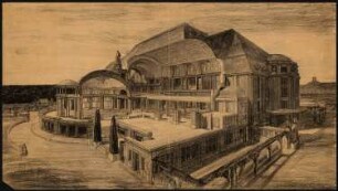 Stadthalle und Ausstellungshalle, Hannover: Stadthalle: Perspektivische Ansicht und Teilschnitt