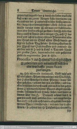 Processus 7. noch einen Philosophischen [...] zubreiten und vermittelst desselben eine warhaffte [...]nam fixam zuerlangen