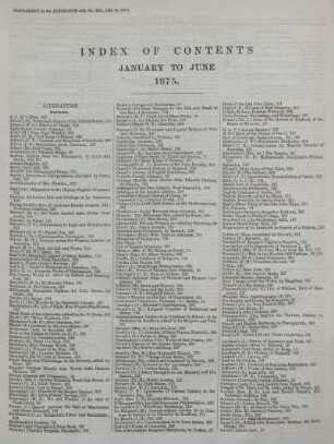 INDEX OF CONTENTS JANUARY TO JUNE 1875.