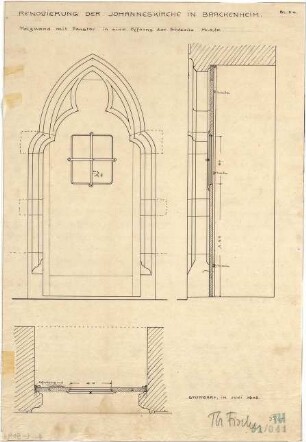 Fischer, Theodor; Brackenheim; Johanneskirche, Renovierung - Holzwand mit Fenster an der Südseite (Grundriss, Ansicht, Schnitt)