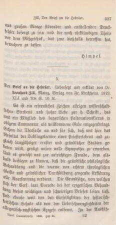 337-342 [Rezension] Zill, Leonhard, Der Brief an die Hebräer