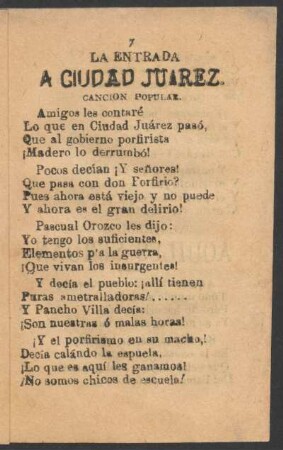La entrada a Ciudad Juárez. : Canción popular.