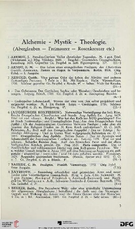 Alchemie – Mystik – Theologie. (Aberglauben – Freimaurer – Rosenkreuzer etc.) (Nr. 1-107)
