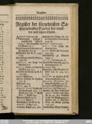 Register der fürnehmsten Sachen in beyden Bänden des vierdten und letzten Theils.