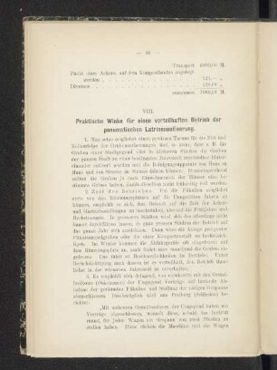 VIII. Praktische Winke für einen vorteilhaften Betrieb der pneumatischen Latrinenentleerung.