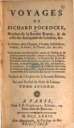 Voyages de Richard Pockocke, en Orient, dans l'Egypte, l'Arabie, la Palestine, la Syrie, la Grèce, la Thràce ..., 2. - 500 S.