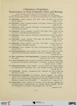 Châtelaines, Uhrgehäuse, Taschenuhren in Gold, Goldemail, Silber und Messing (Nr. 231-359)