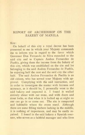 Report of archbishop on the bakery of Manil