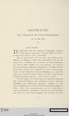 Ansprache bei Gelegenheit der Preisvertheilungsfeier am 14. Juli 1894