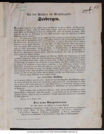 An die Wähler im Wahlbezirke Seebergen : Ein wichtiger Beruf ist in den nächsten Tagen von Euch wie von uns zu erfüllen ... ; Gotha, den 8. Januar 1850