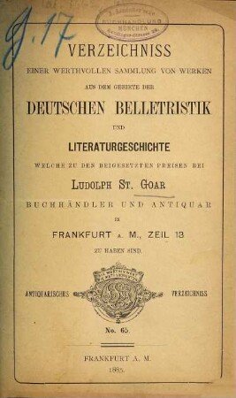 Antiquarisches Verzeichniss. 65. 1885