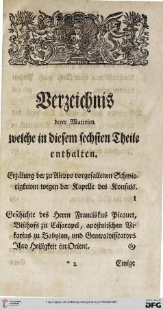 Verzeichnis derer Materien, welche in diesem sechsten Theile enthalten