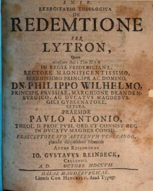 Exercitatio theol. de redemtione per lytron