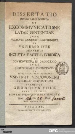 Dissertatio Inavgvralis Ivridica De Excommvnicatione Latae Sententiae
