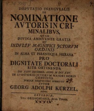 Dispvtatio Inavgvralis De Nominatione Avtoris In Criminalibvs