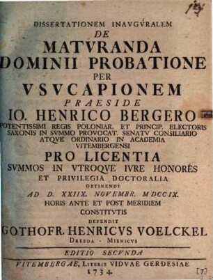 Diss. inaug. de maturanda dominii probatione per usucapionem